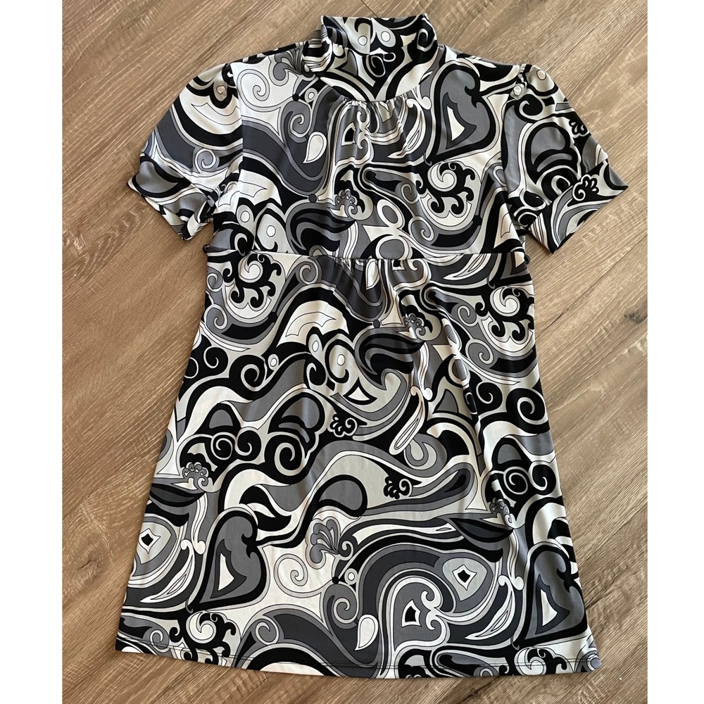 Thanx Collection Women Tunic Top Large Black White Psychedelic Paisley Mock Neck